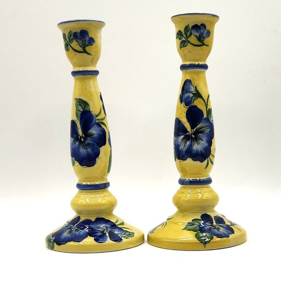 Candlesticks Andrea By Sadek French Country Yellow /Blue Violets Floral Ceramic - Picture 5 of 8